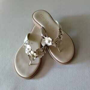 Italian Floral Sandals - Cream with Silver-Gold flowers